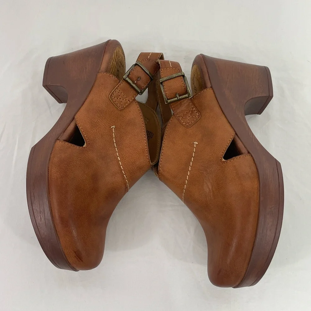 BOC Brown Leather Clogs Slingback Heels 10M Comfort Chunky Heel Mule Shoes Boho - Picture 5 of 9